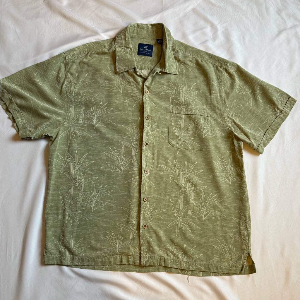 Caribbean Joe 100% Silk Shirt Men Xl Green Hawaiian Camp Short Sleeve Button Up